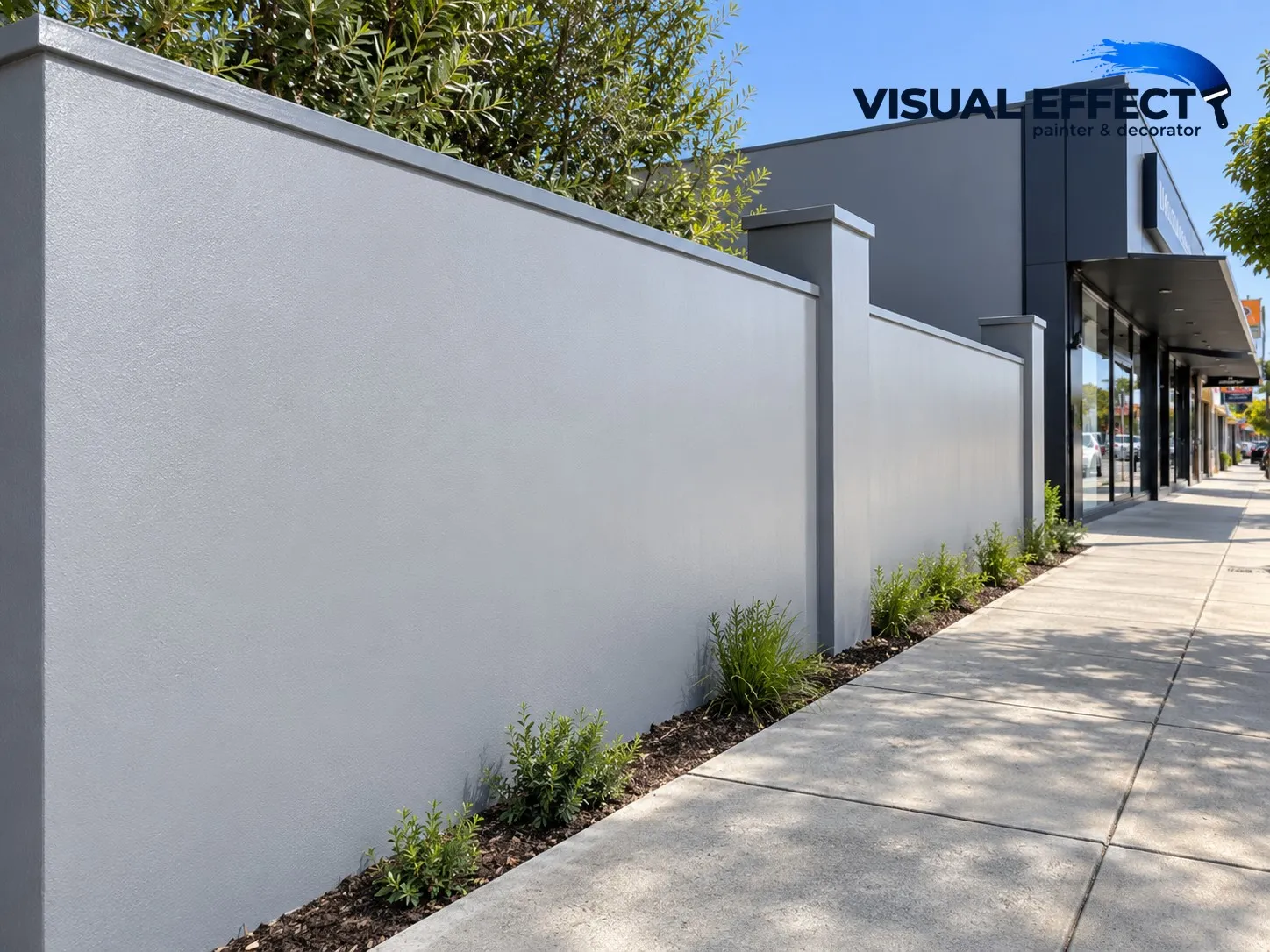 Clean grey rendered boundary wall beside a footpath and shopfronts