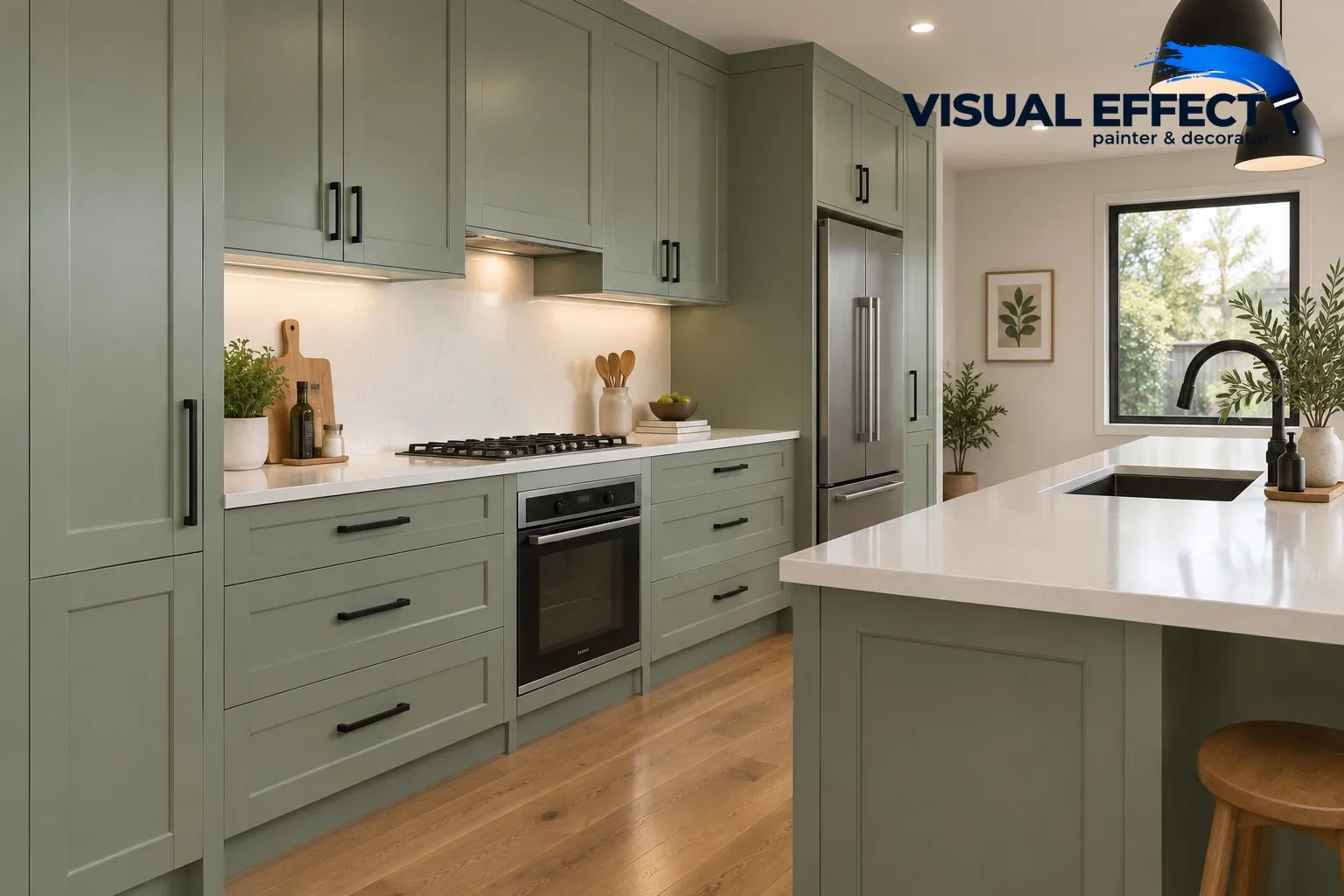 Kitchen with shaker cabinets sprayed in satin sage green