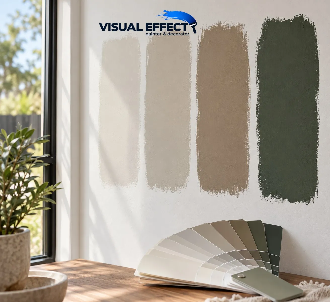 Four brushed paint sample swatches on a wall above a colour fan deck
