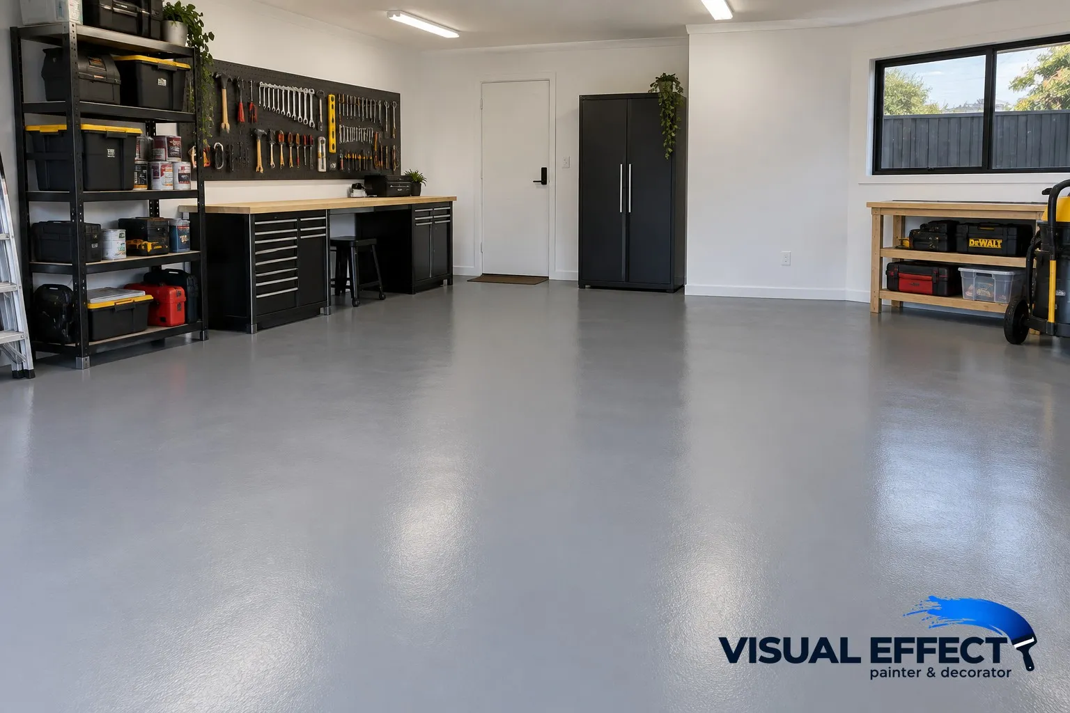 Garage workshop with a freshly painted grey concrete floor