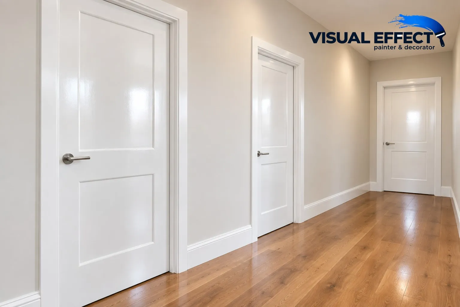Hallway with smooth, freshly sprayed white panel doors
