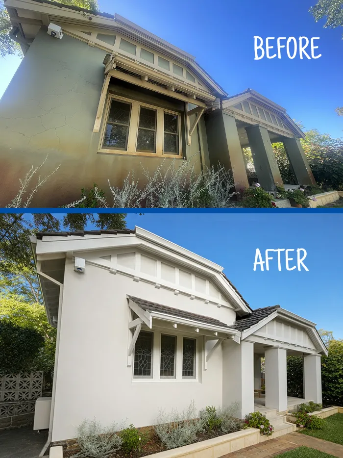Before and after of a federation home exterior repaint in Perth by Visual Effect