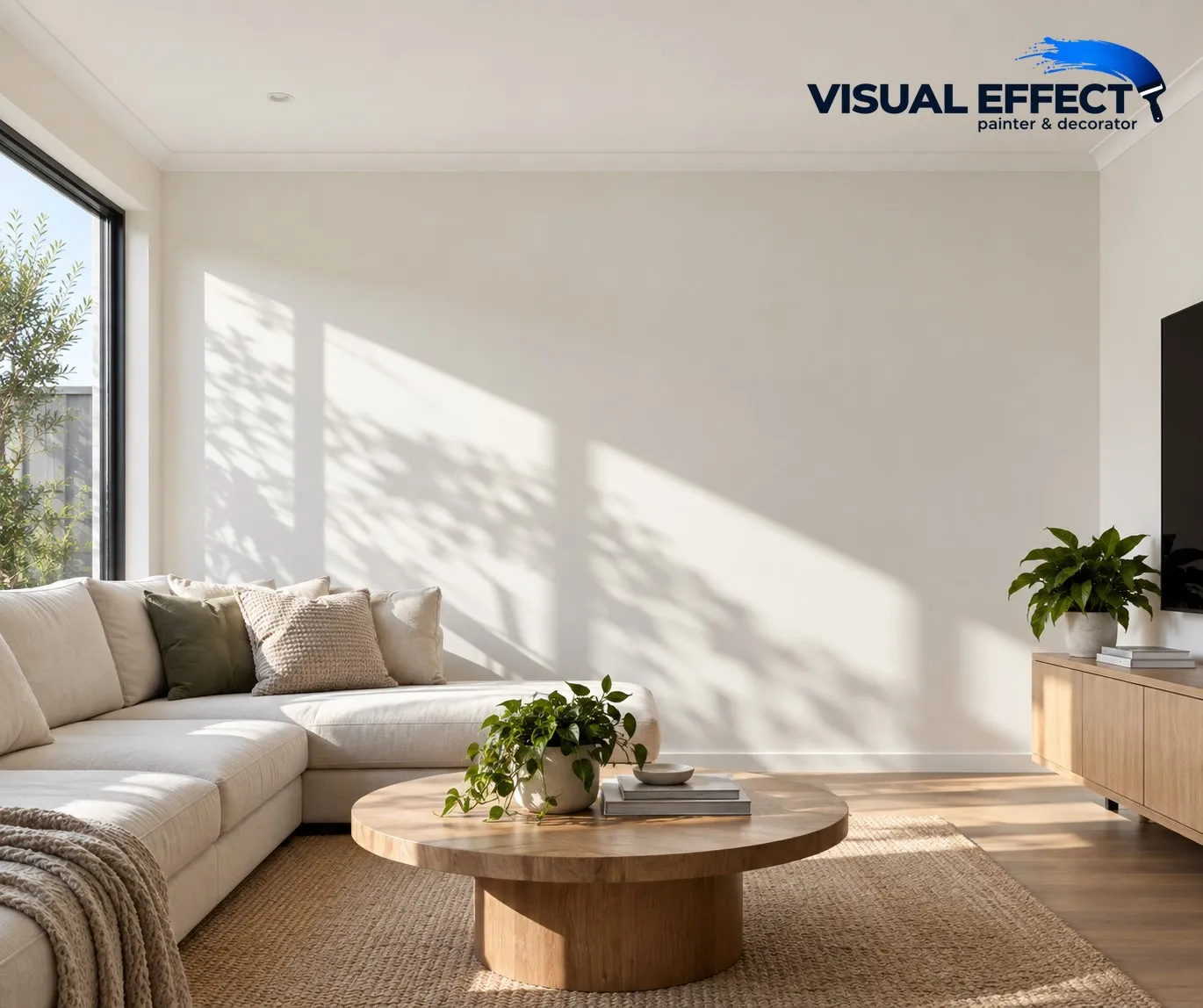 Living room with a smooth, freshly repaired and repainted wall