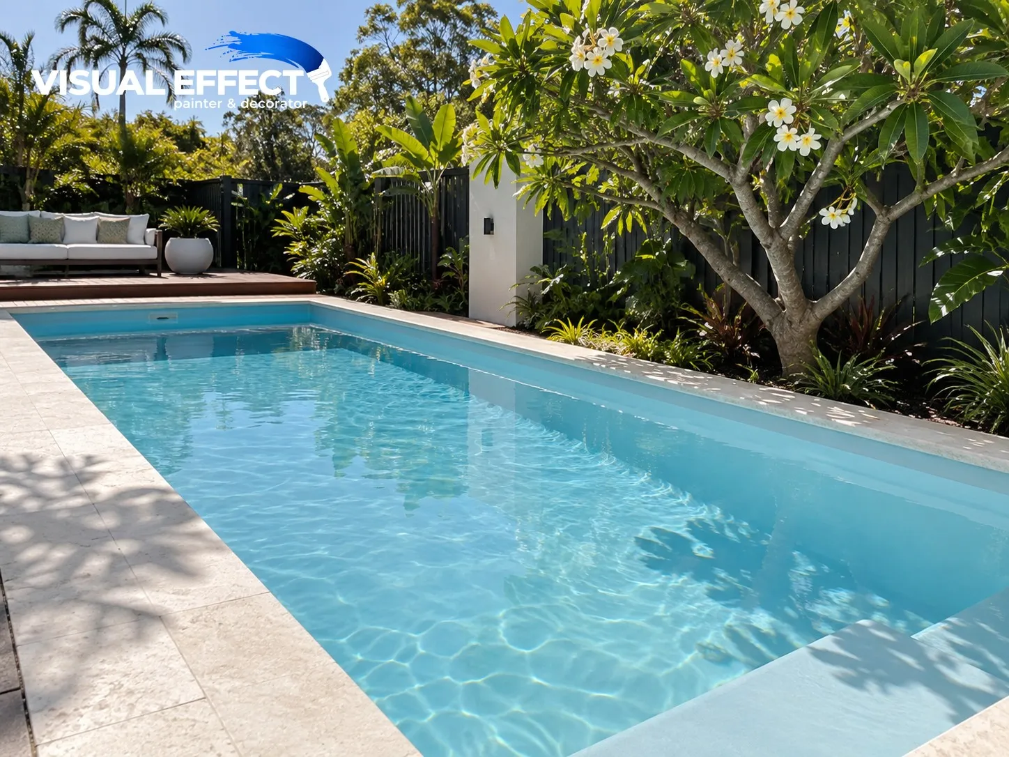 Backyard swimming pool with a fresh pale blue painted finish
