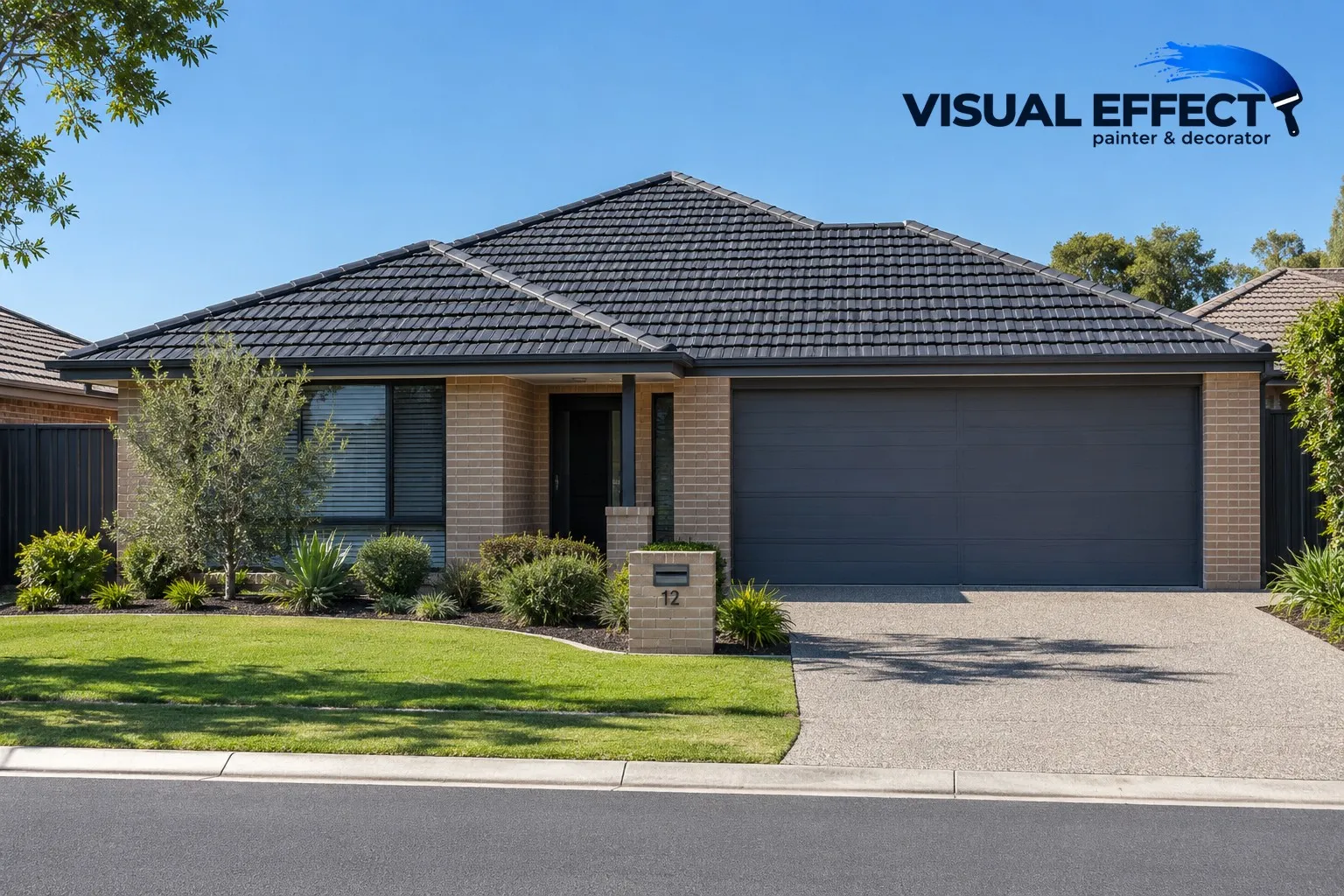 Single-storey brick home with a freshly painted charcoal tiled roof
