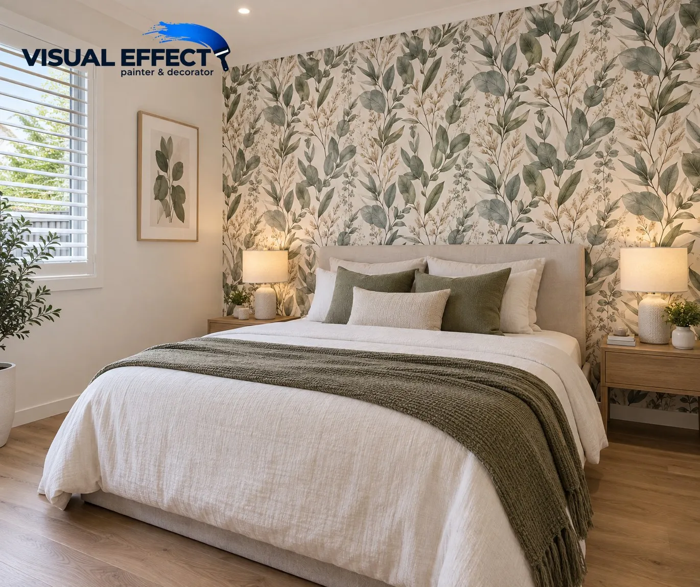 Bedroom feature wall finished in botanical print wallpaper